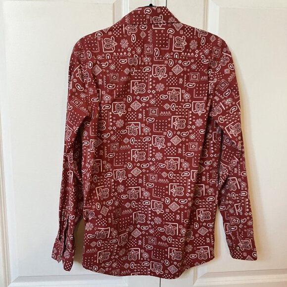 Y2K Wrangler Shirt Mens S Red Paisley Western Button Up Long Sleeve Bandana - Picture 2 of 7